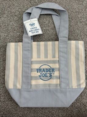 Trader Joe's Striped Mini Canvas Tote Bag in Light Blue and Cream